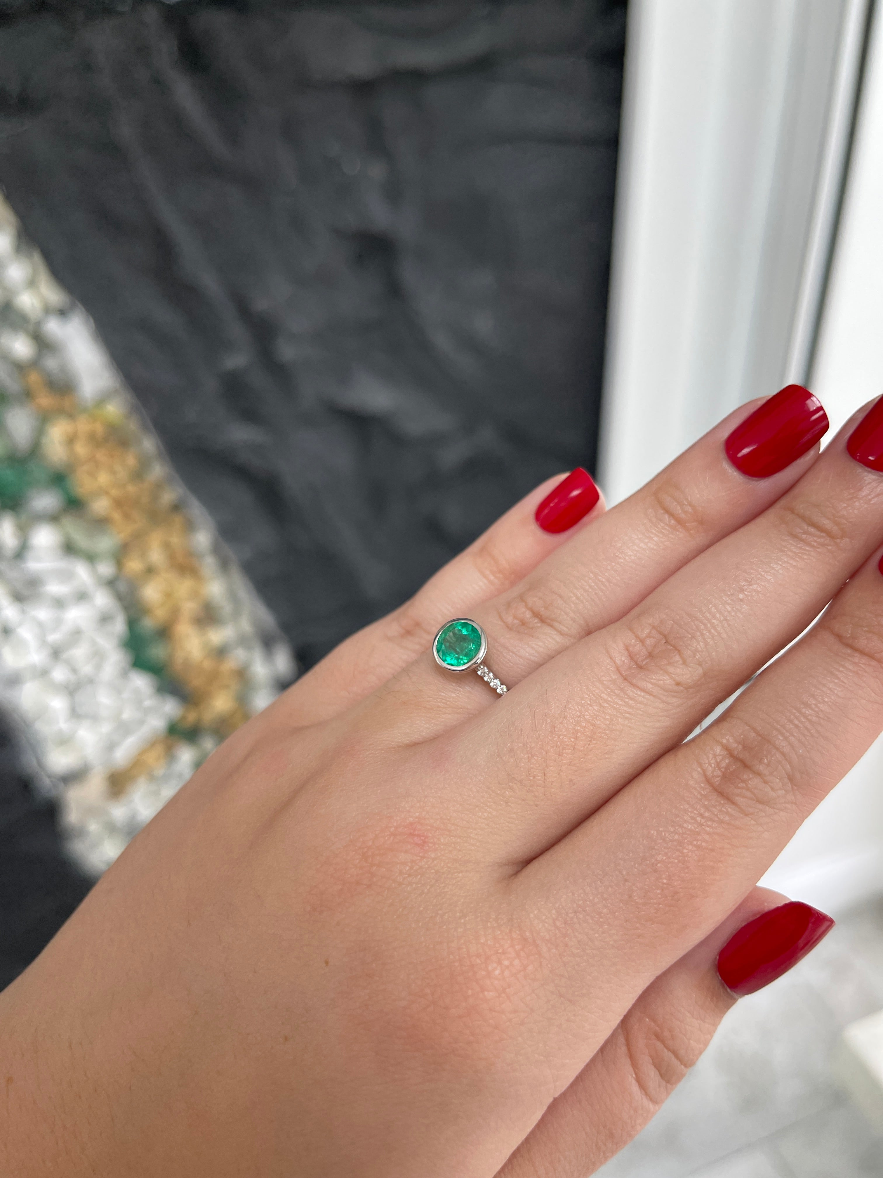 1.60tcw 14K Natural Medium Dark Green Round Emerald Cut & Diamond Shank Accent Ring - JR Colombian Emeralds