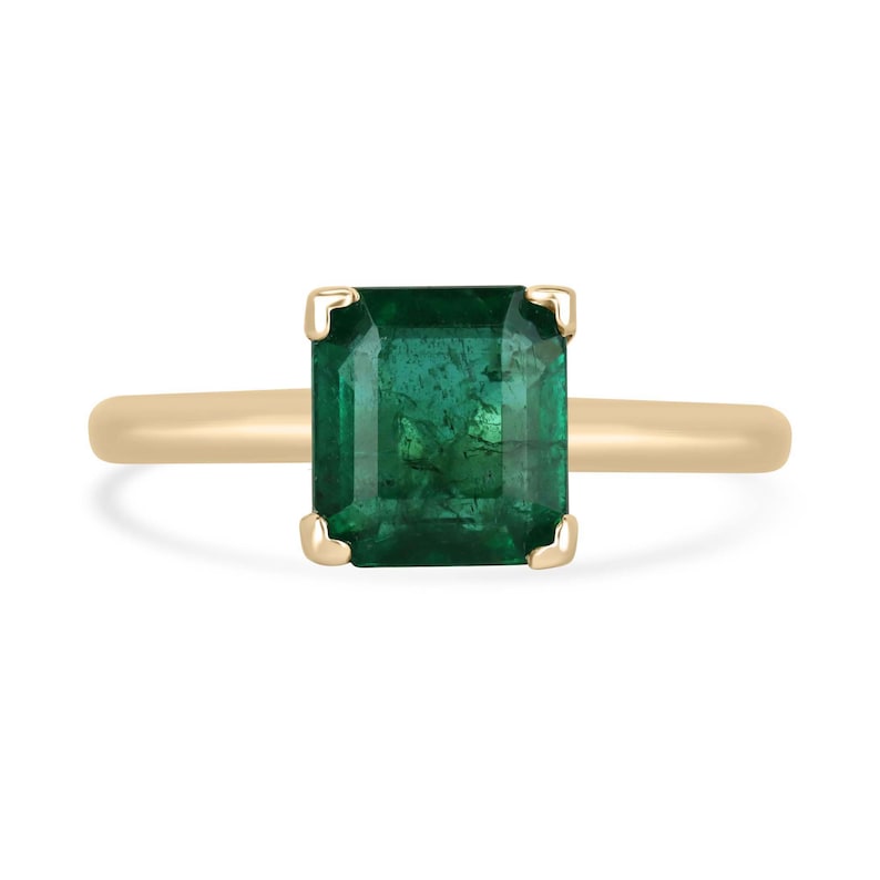 Deep green 1.99ct Asscher cut emerald solitaire engagement ring with V prong setting in 14K gold by Colombian Emerald.
