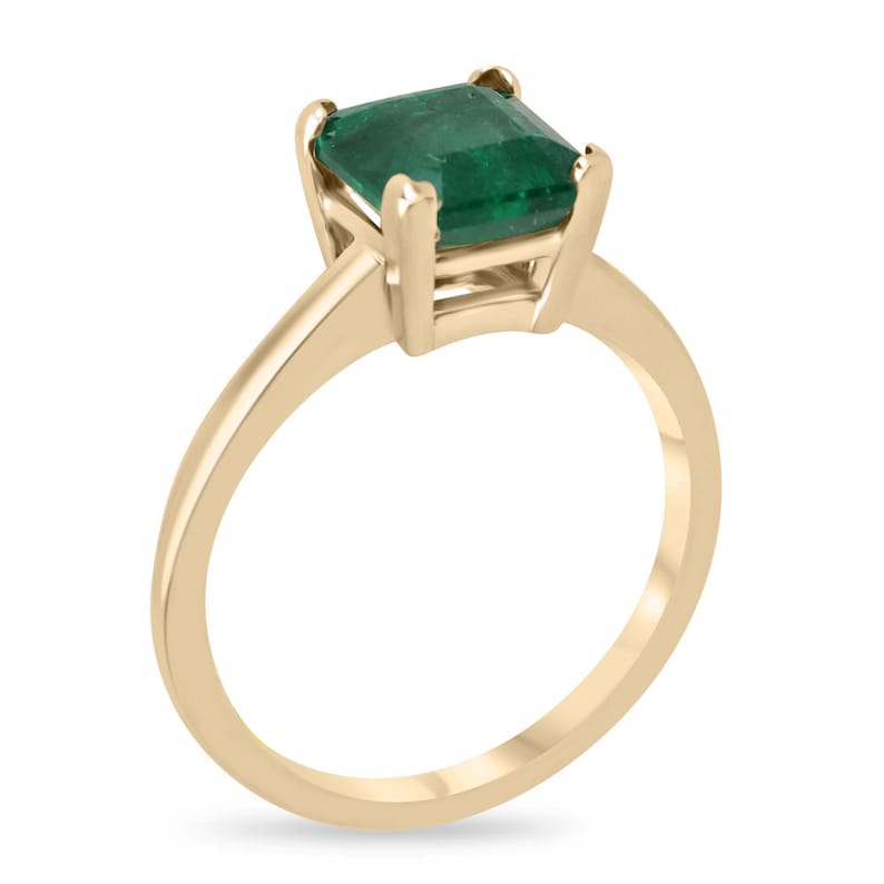 Deep green 1.99ct Asscher cut emerald solitaire engagement ring with V prongs in 14K gold by Colombian Emerald.