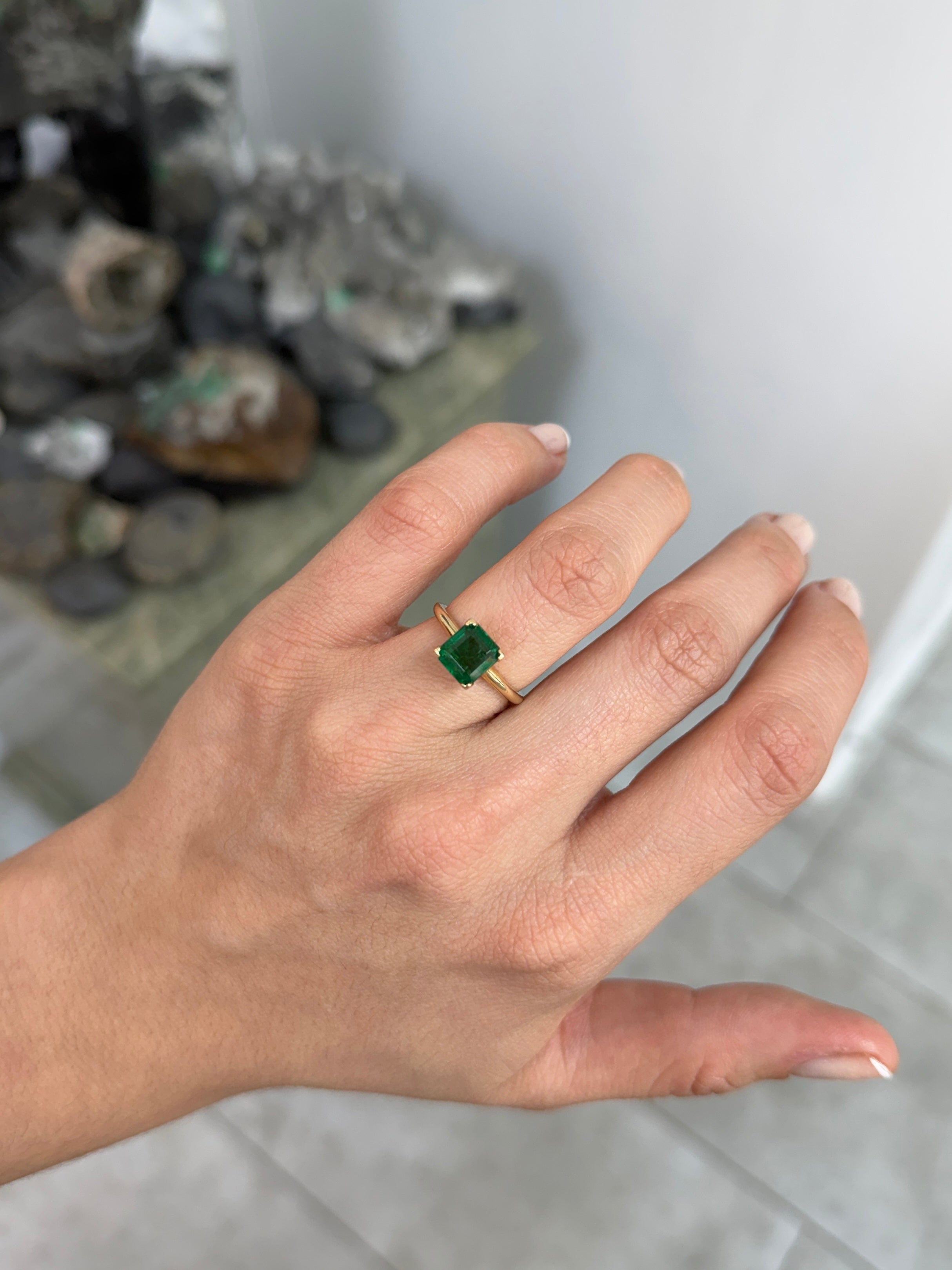 Deep green 1.99ct Asscher cut emerald engagement ring with V prong setting in 14K gold by Colombian Emerald.
