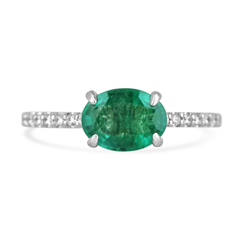 14K gold engagement ring with 1.60tcw East-to-West Zambian emerald and diamond accents, Colombian Emerald brand.