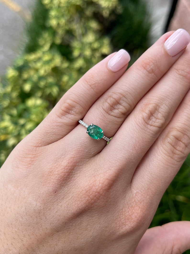 14K white gold engagement ring with 1.60tcw East to West Zambian emerald and diamond accents, Colombian Emerald brand.