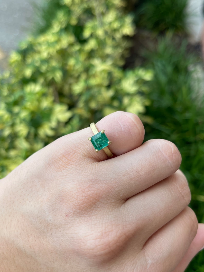 2.10ct 18K Medium Green Asscher Cut Emerald Solitaire 4 Prong Gold Statement Engagement Ring - JR Colombian Emeralds