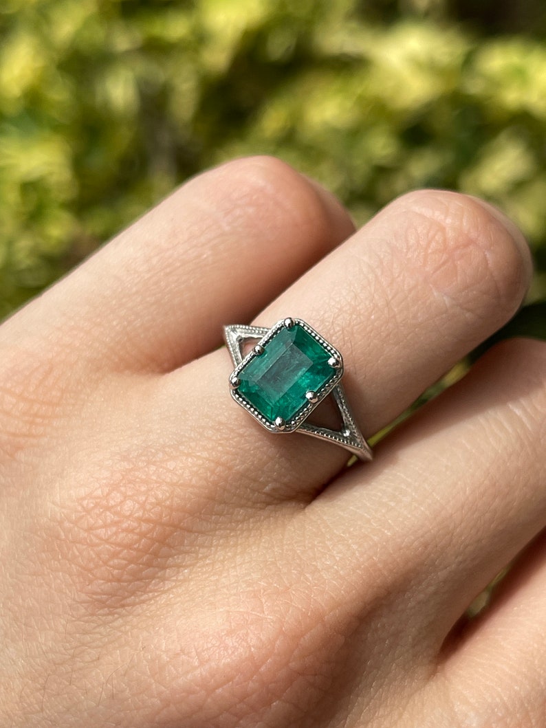Exquisite 2.22ct Bluish Green Emerald Cut Solitaire Ring in a Platinum Setting