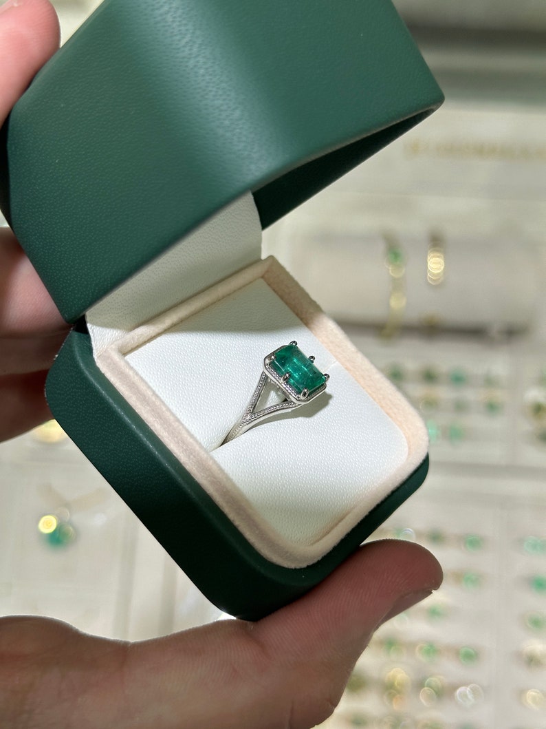 2.22ct Natural Bluish Green Emerald Cut Solitaire Ring in Platinum - JR Colombian Emeralds