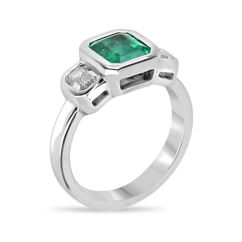 14K gold engagement ring with 2.25tcw GIA-certified natural emerald cut diamonds, three-stone design by Colombian Emerald.