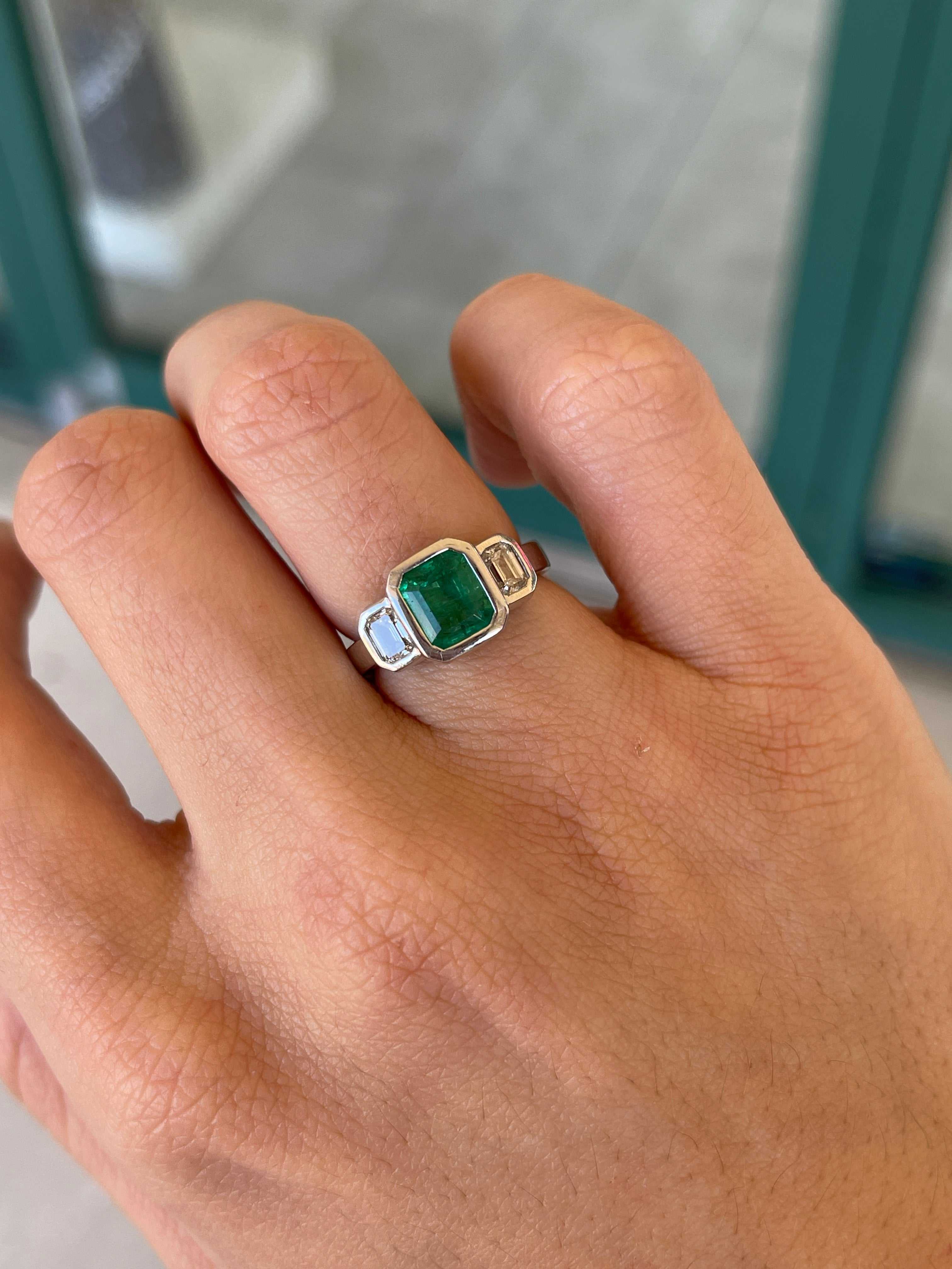 14K gold engagement ring with three natural emerald cut diamonds totaling 2.25tcw by Colombian Emerald
