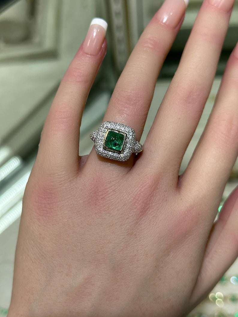 Colombian Emerald engagement ring with 2.54tcw cluster Sugarloaf emerald and diamond accents in 14K gold setting