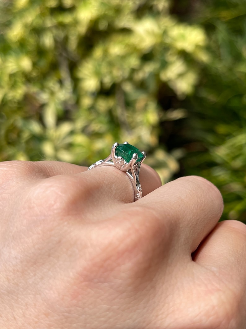 2.73ct Dark Green Cushion Cut Emerald Regal Floral Engagement Platinum Ring - JR Colombian Emeralds