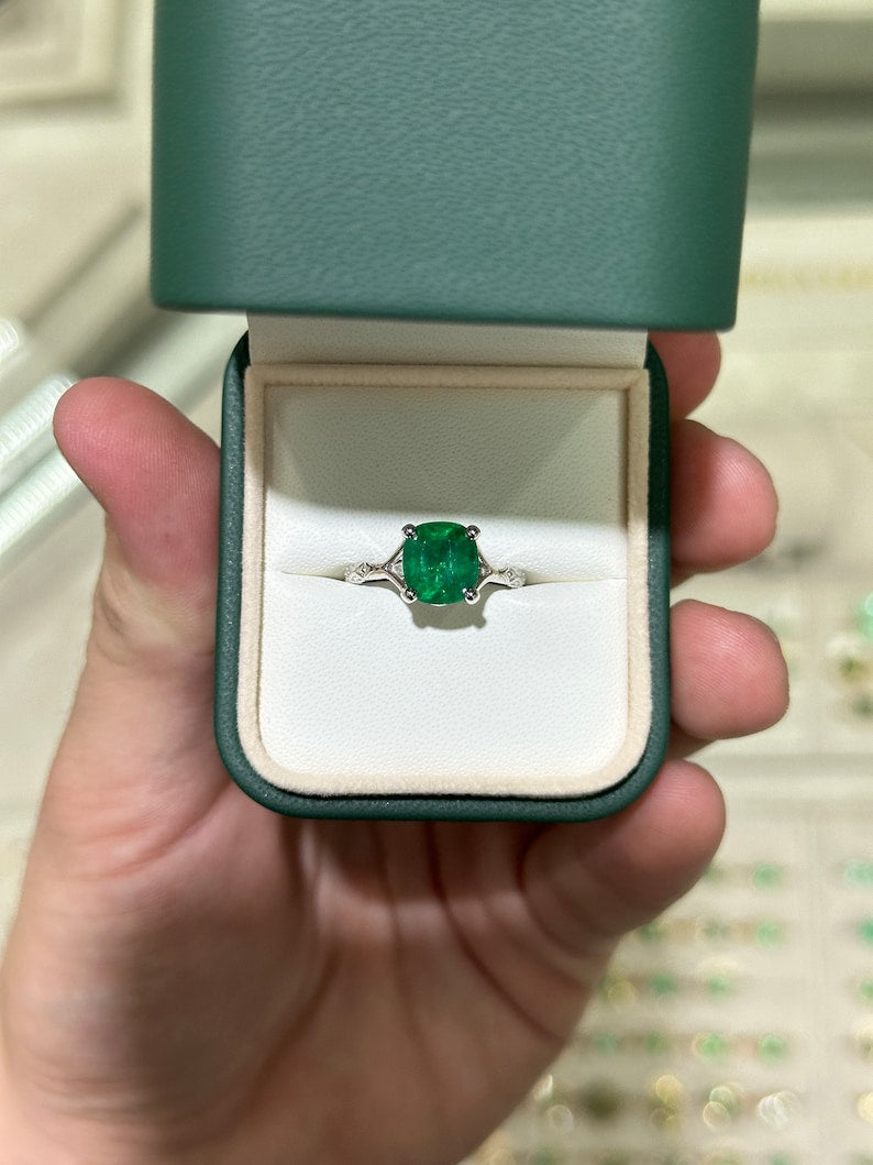 2.73ct Dark Green Cushion Cut Emerald Regal Floral Engagement Platinum Ring - JR Colombian Emeralds