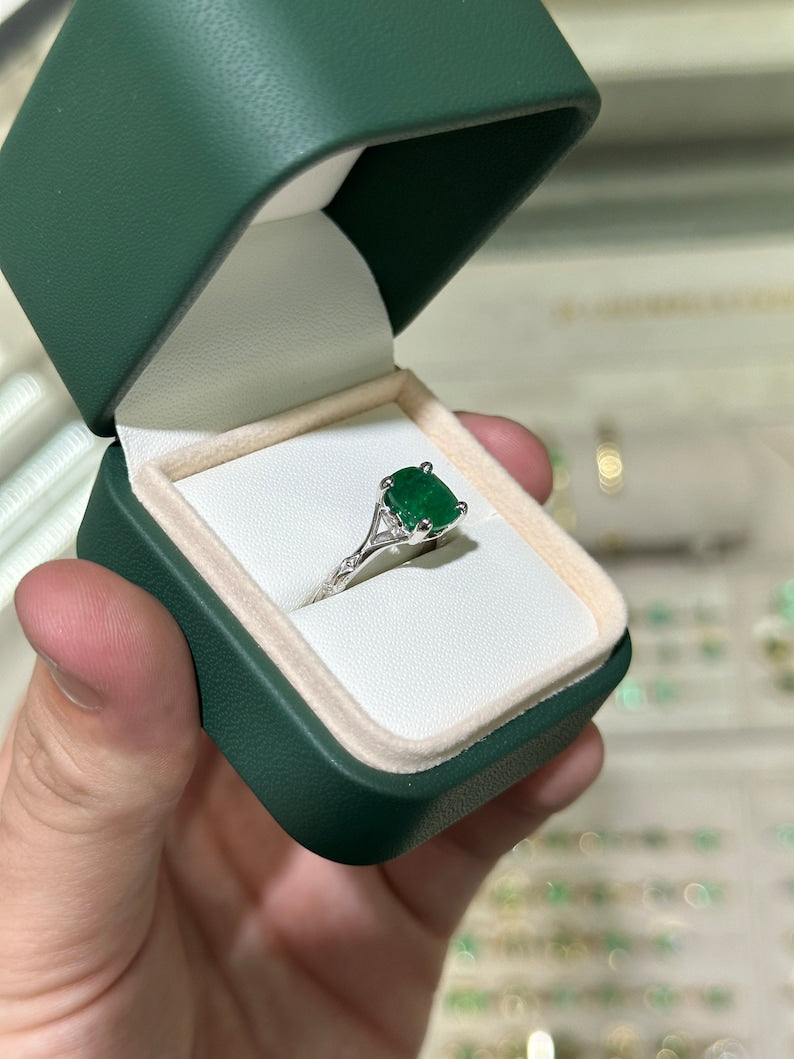 2.73ct Dark Green Cushion Cut Emerald Regal Floral Engagement Platinum Ring - JR Colombian Emeralds