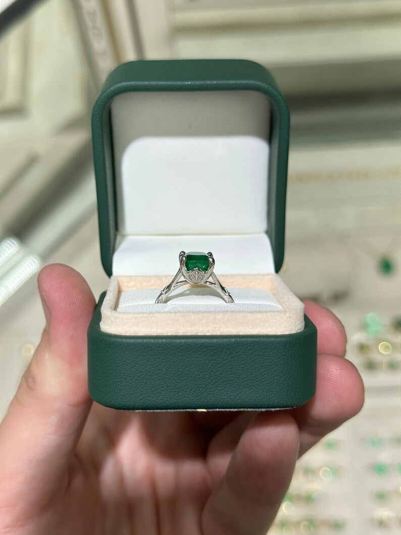 2.73ct Dark Green Cushion Cut Emerald Regal Floral Engagement Platinum Ring - JR Colombian Emeralds
