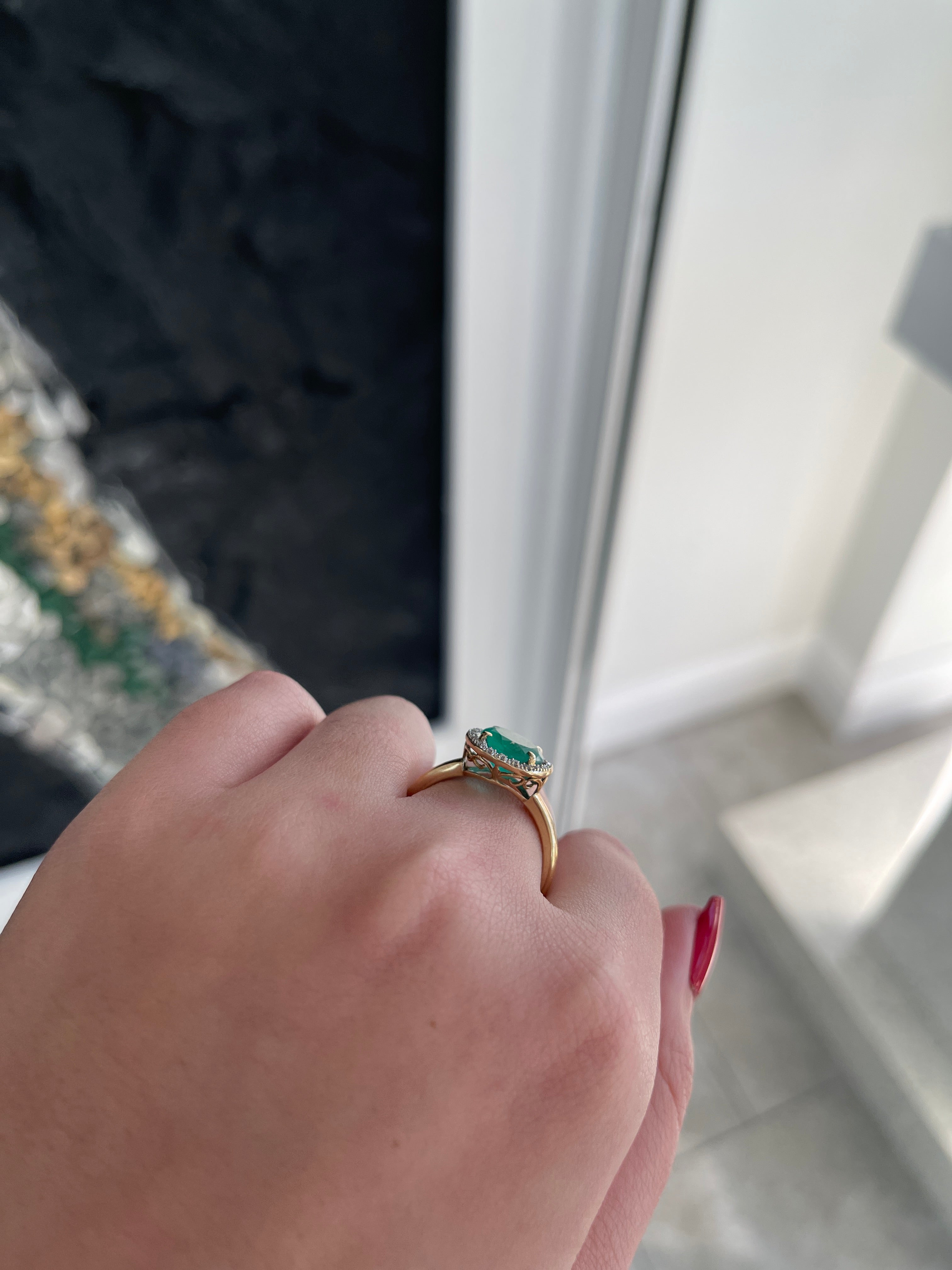 2.80tcw 14K Gold Round Cut Medium Green Emerald & Diamond Halo Right Hand Ring - JR Colombian Emeralds