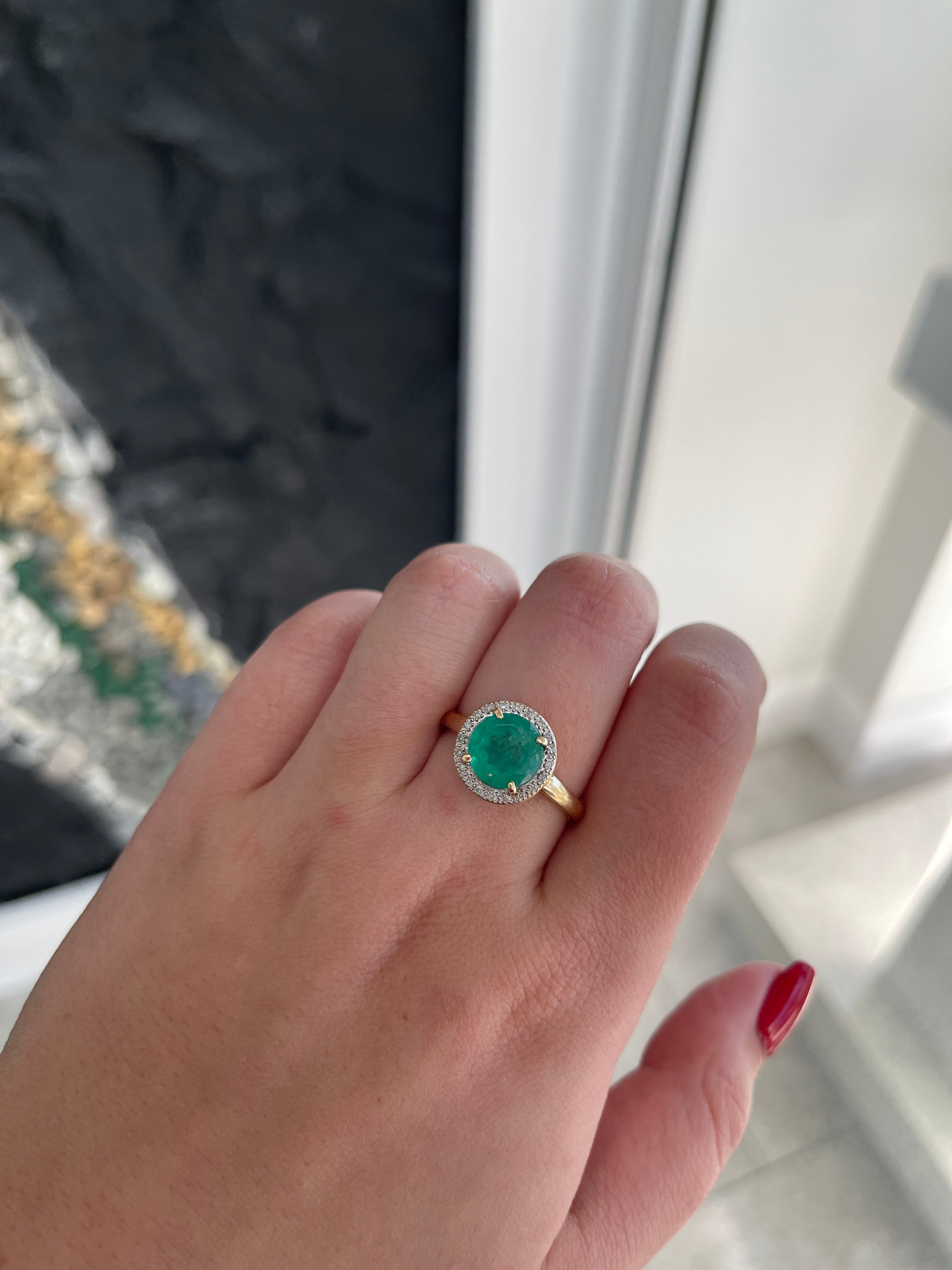 2.80tcw 14K Gold Round Cut Medium Green Emerald & Diamond Halo Right Hand Ring - JR Colombian Emeralds