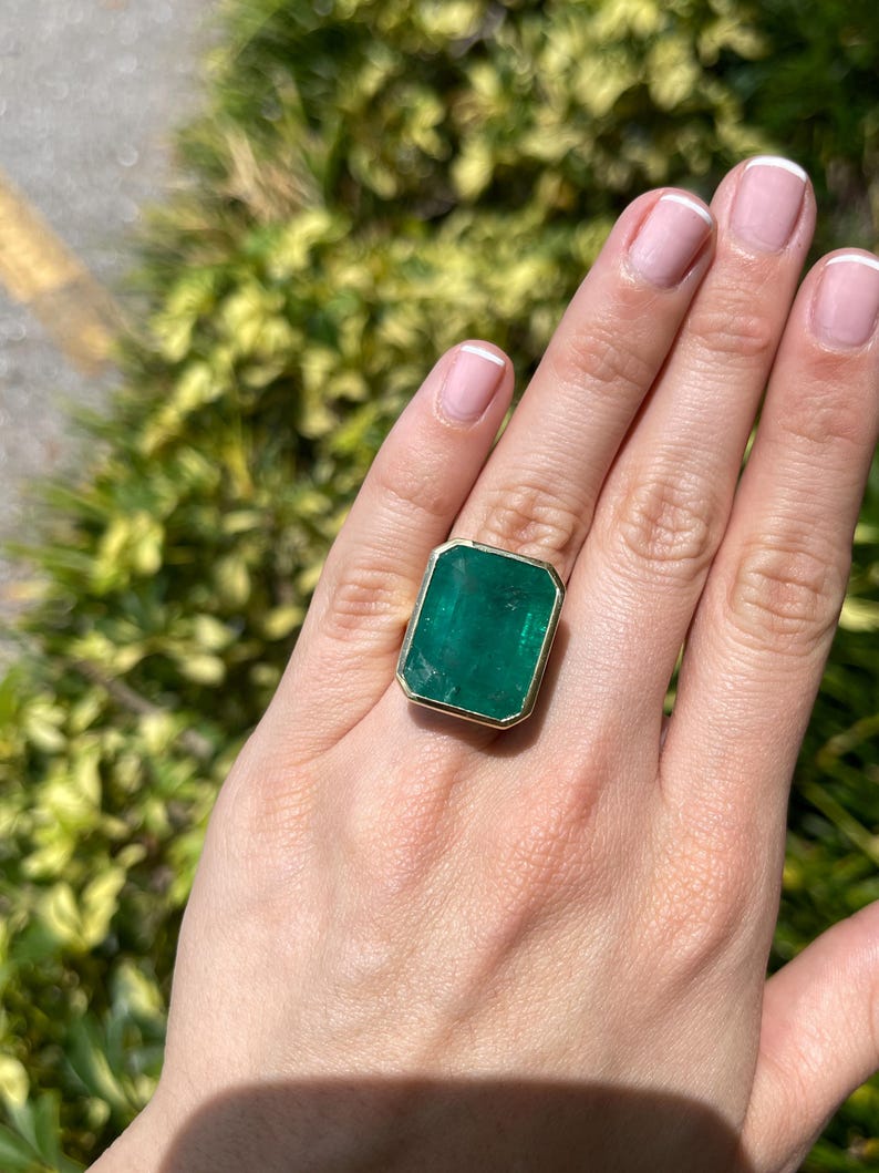 25.25 Carat 18K Emerald Solitaire Bezel Set Dark Green Statement Ring - JR Colombian Emeralds