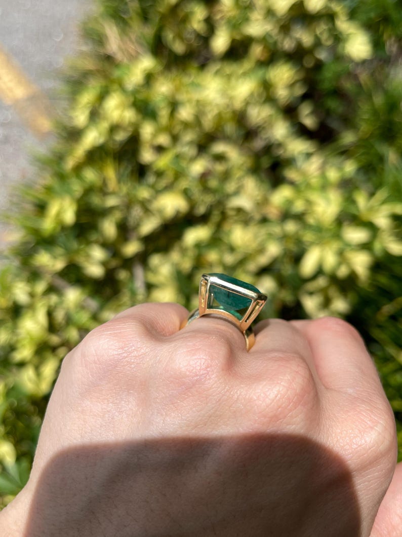 25.25 Carat 18K Emerald Solitaire Bezel Set Dark Green Statement Ring - JR Colombian Emeralds