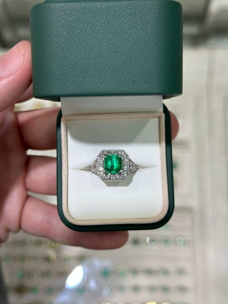 AAA fine quality vivid green emerald cut diamond halo accent engagement ring in 14K gold by Colombian Emerald
