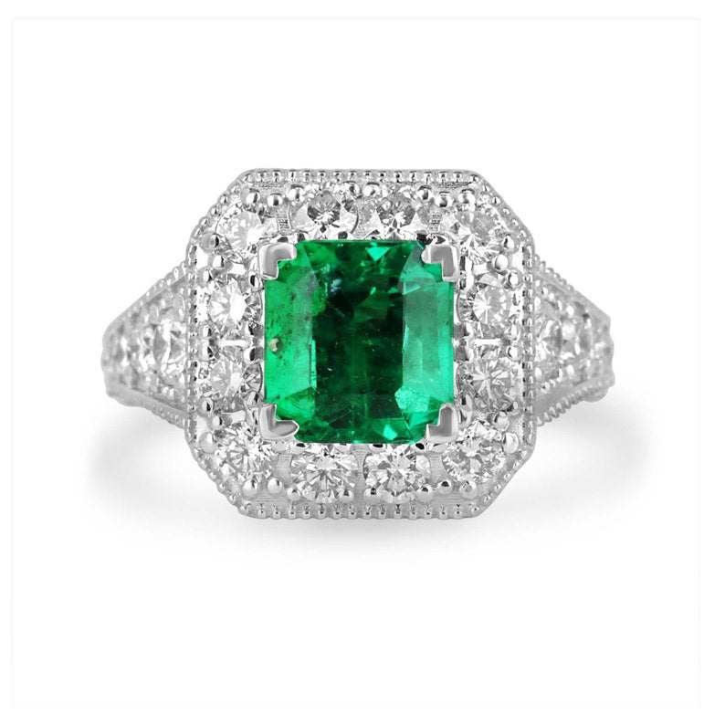 AAA quality vivid green emerald cut diamond halo accent ring in 14K gold, featuring a 3.08 carat Colombian emerald engagement ring.