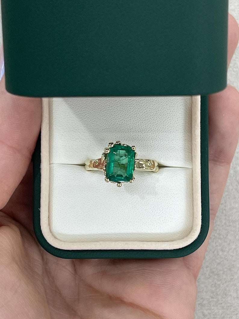 14K gold engagement ring with a 3.10ct lush green emerald solitaire and organic gold nugget design by Colombian Emerald.