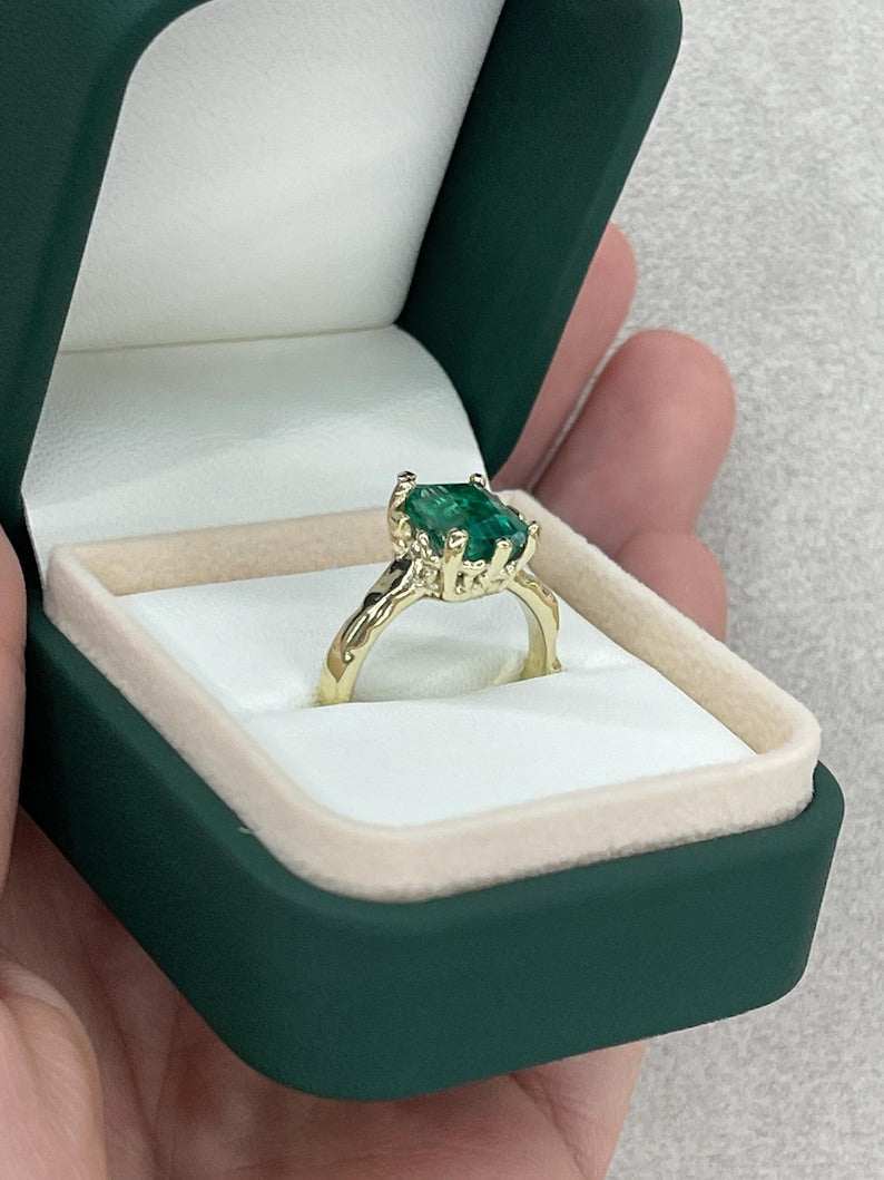 14K gold engagement ring featuring a 3.10ct lush green emerald solitaire nugget from Colombian Emerald.