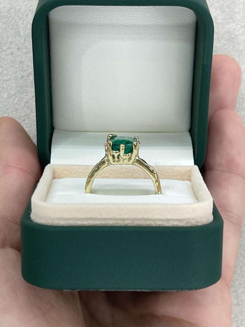 14K gold engagement ring featuring a 3.10ct lush green emerald nugget solitaire from Colombian Emerald.