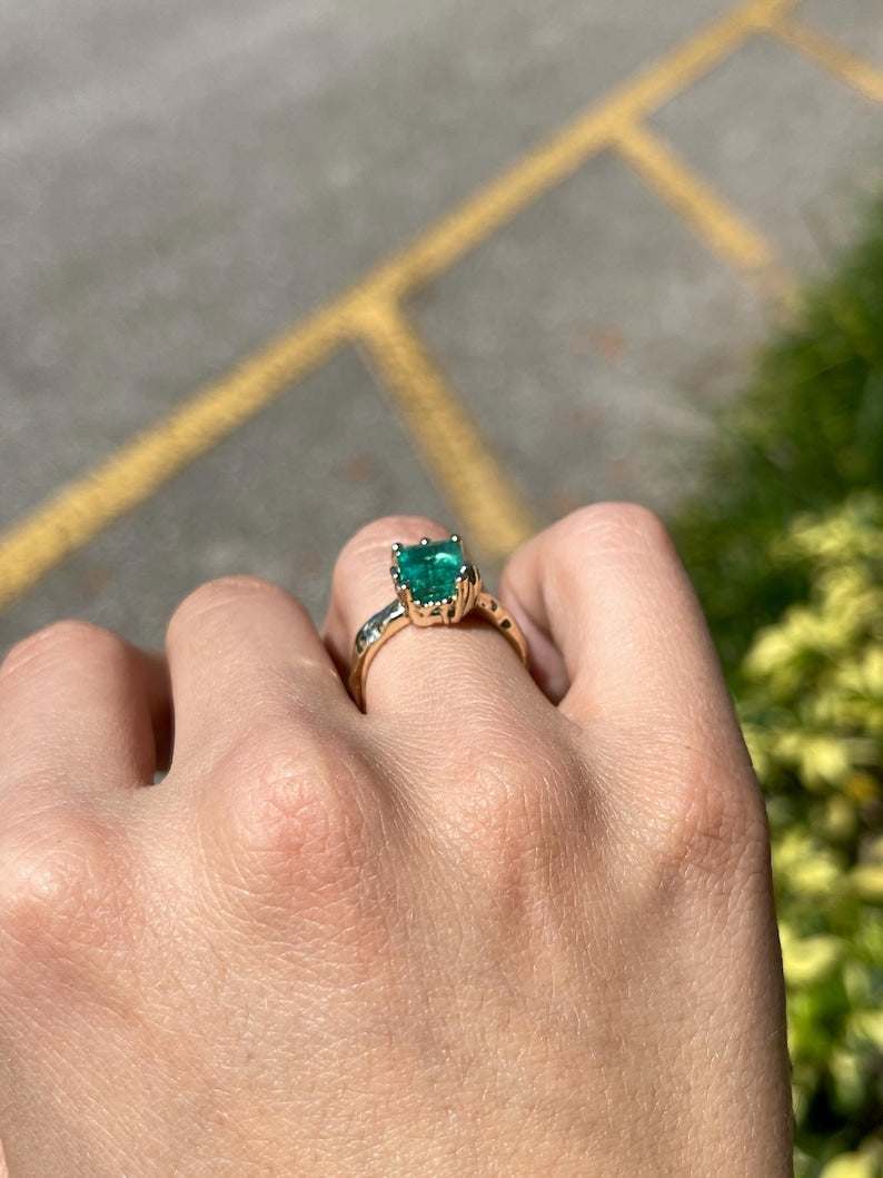 14K gold engagement ring featuring a 3.10ct organic lush green emerald solitaire from Colombian Emerald.
