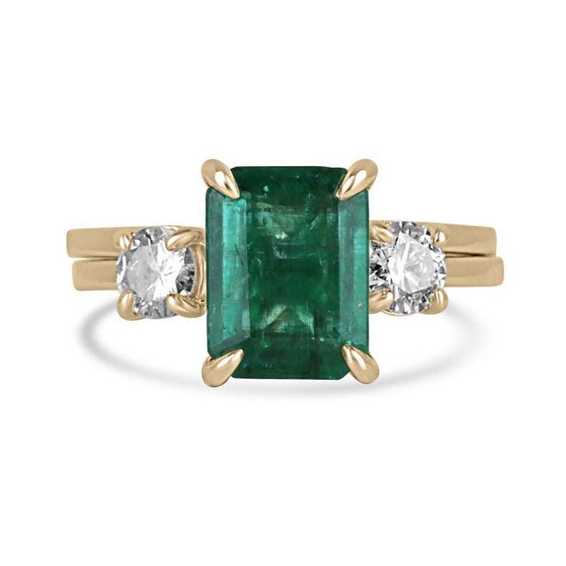14K natural emerald and diamond convertible three stone engagement ring with Colombian emerald, featuring elegant gemstone settings.