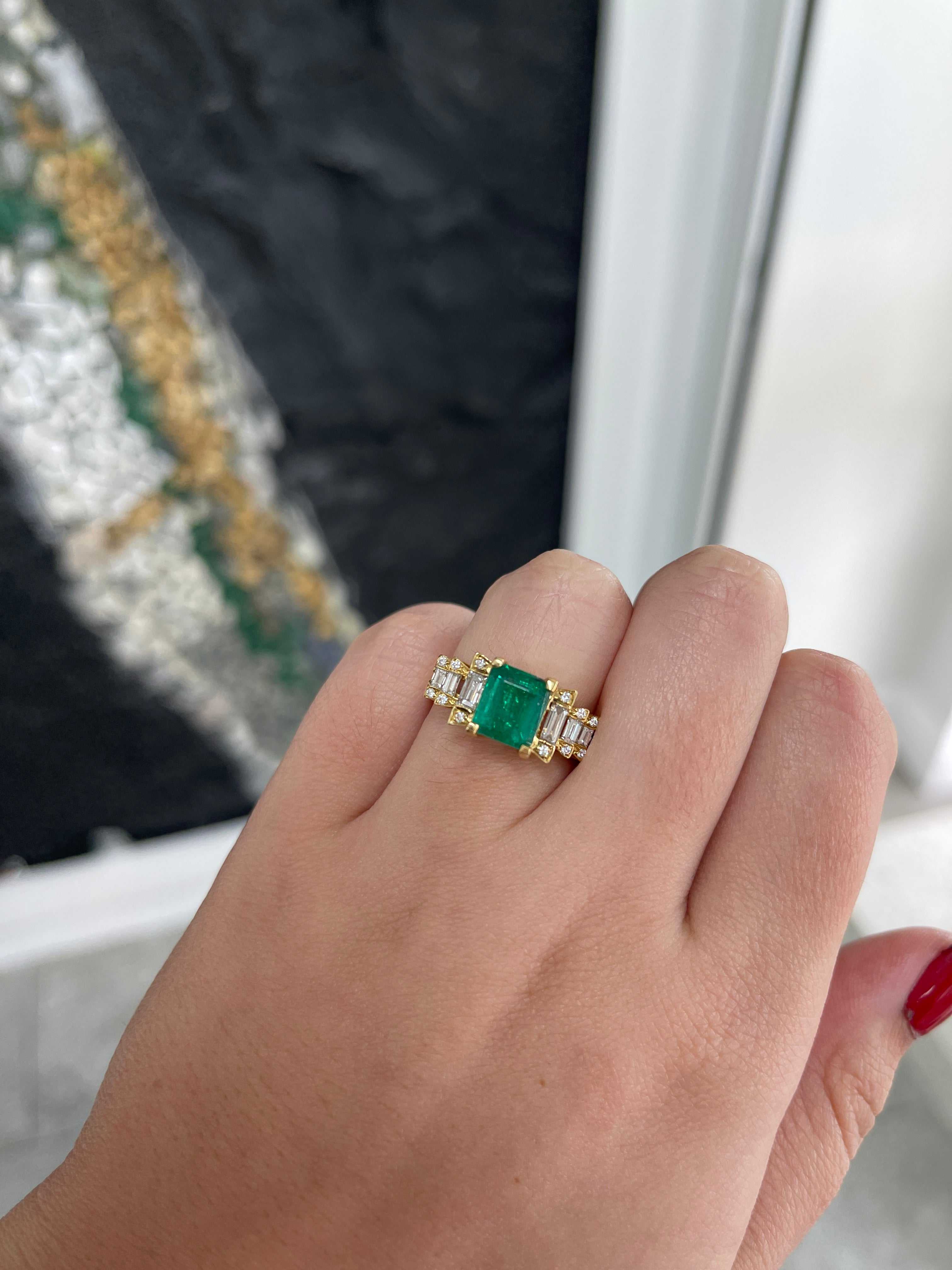 3.57tcw 18K Rich Green Baguette and Round Cut Emerald & Diamond Accent Engagement Ring - JR Colombian Emeralds