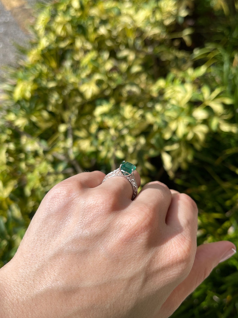 3.57tcw Asscher Cut Emerald & Diamond Engagement Scroll Floral Ring Platinum - JR Colombian Emeralds