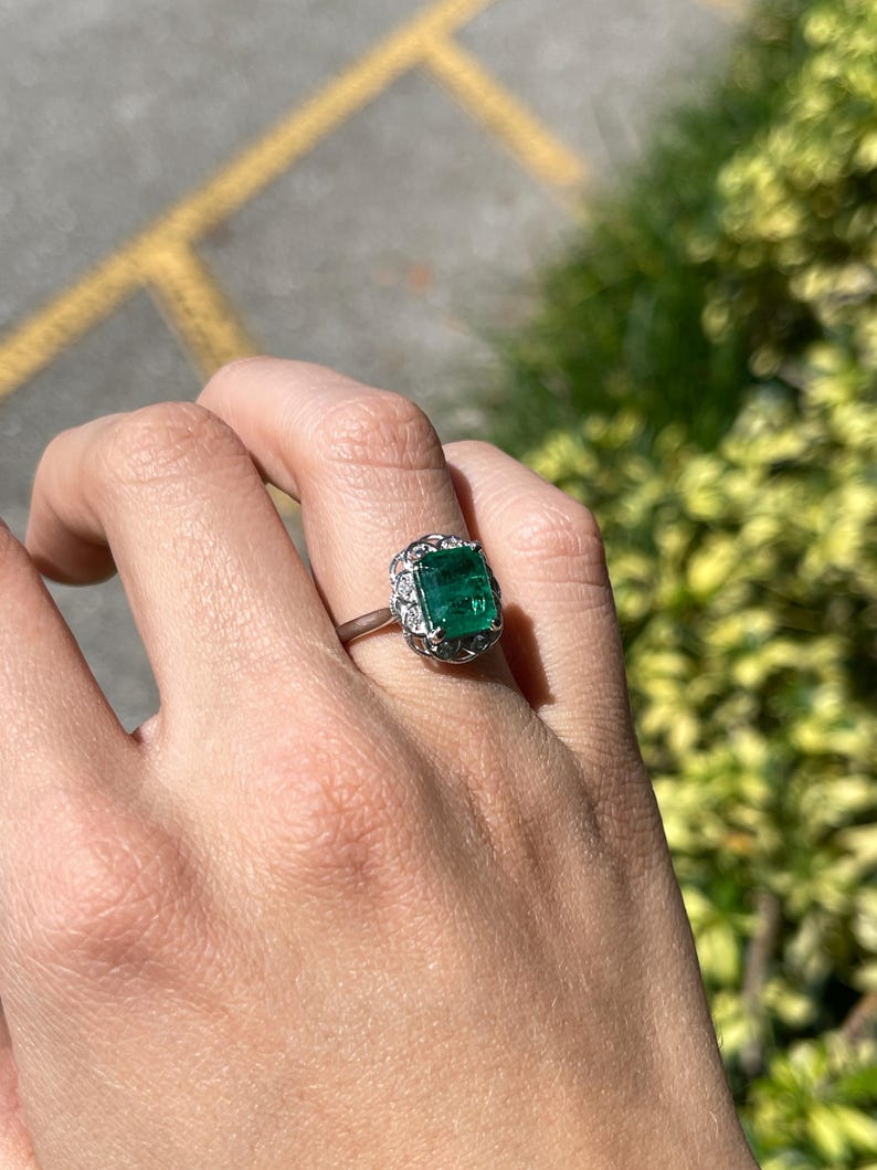 14K white gold engagement ring with 3.60tcw green emerald and diamond floral design by Colombian Emerald