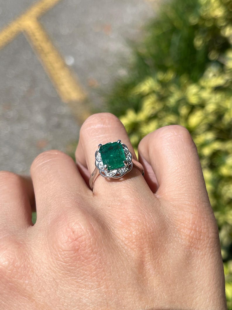 14K white gold engagement ring with 3.60tcw green emerald and diamond floral design by Colombian Emerald