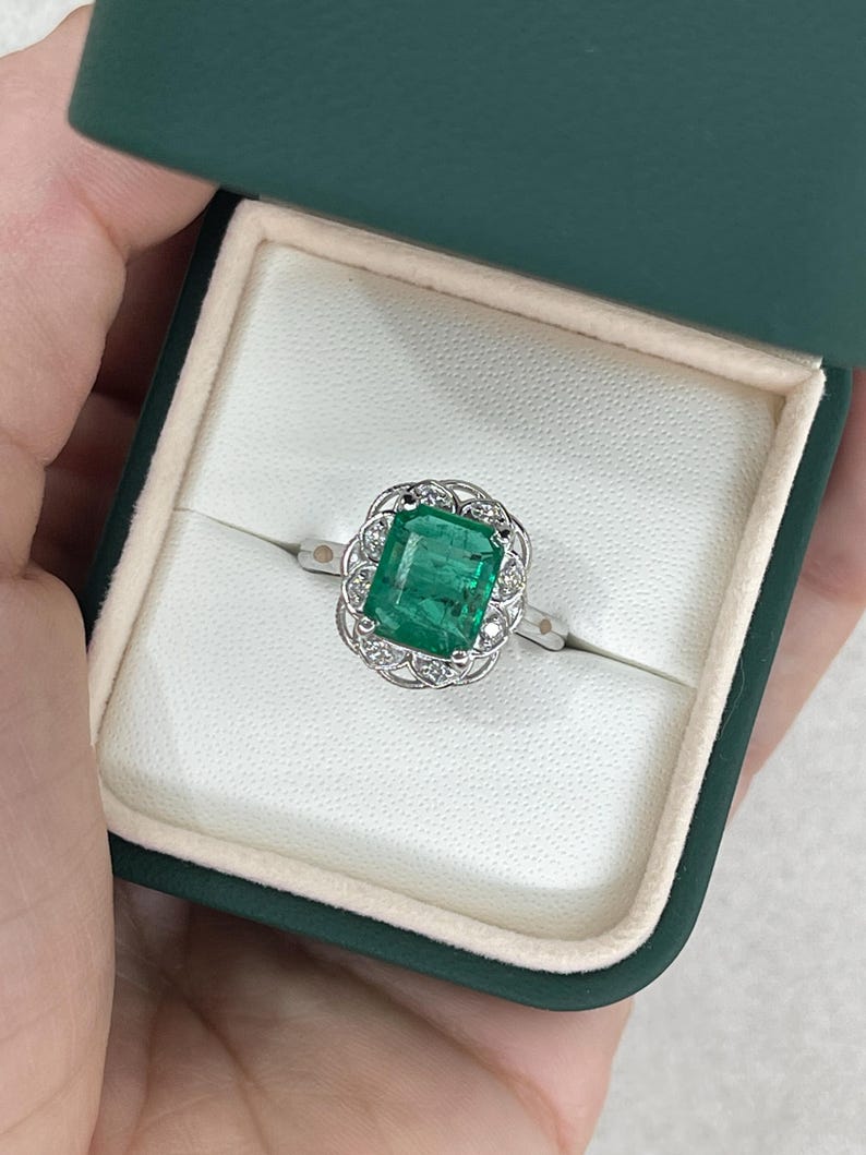 14K white gold engagement ring with 3.60tcw green emerald and diamond floral design by Colombian Emerald