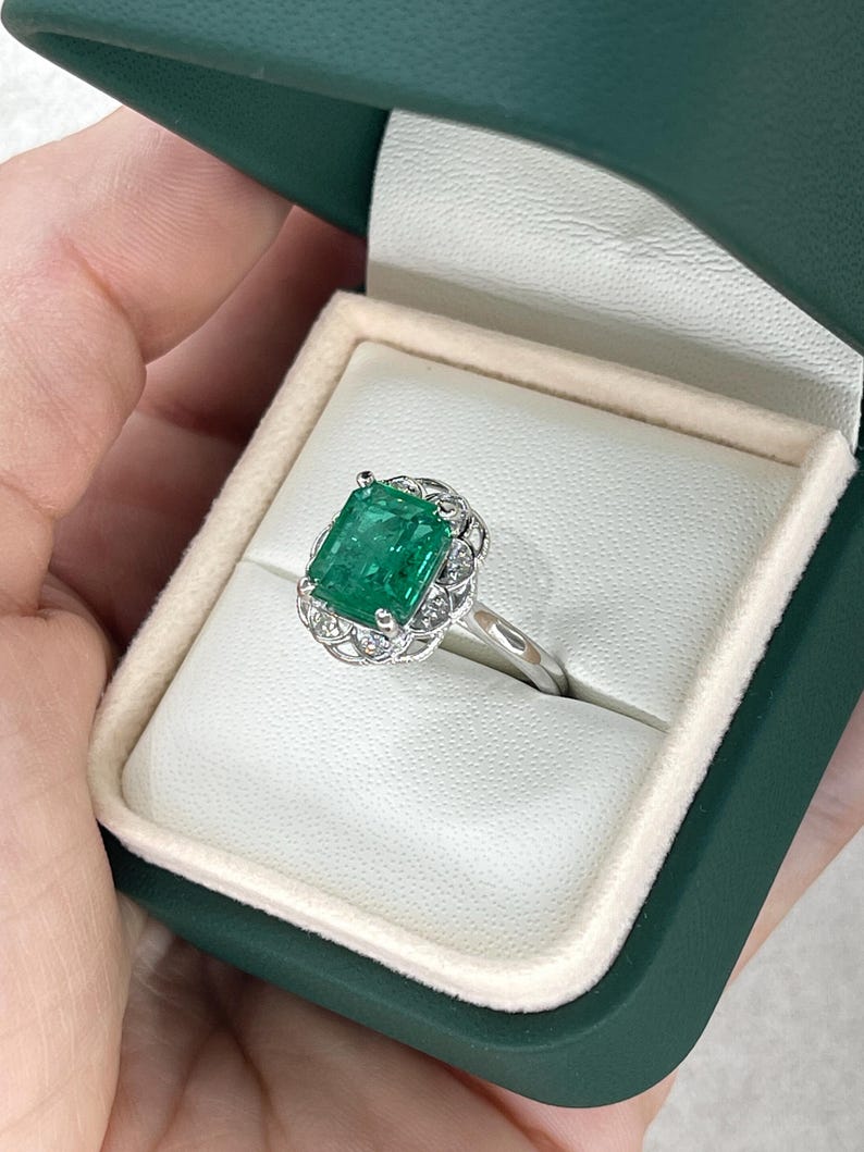 14K white gold engagement ring with 3.60tcw green emerald and diamond floral design by Colombian Emerald