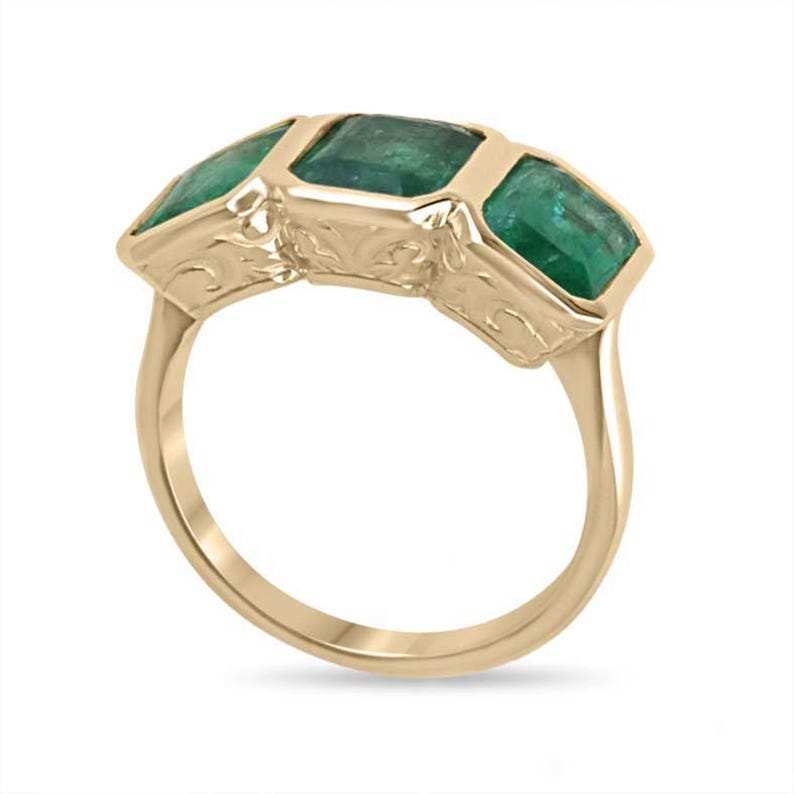 4.40tcw Bezel Set Emerald Cut Trilogy Ring Vintage Scroll Detail 14K Y