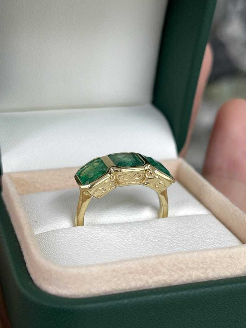 4.40tcw Bezel Set Emerald Cut Trilogy Ring Vintage Scroll Detail 14K Y