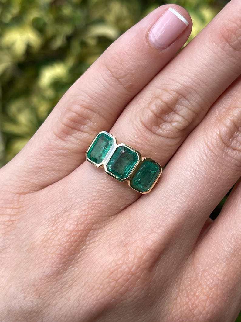 4.40tcw Bezel Set Emerald Cut Trilogy Ring Vintage Scroll Detail 14K Y