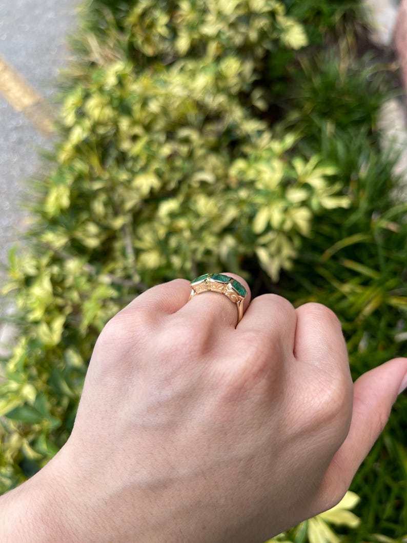 4.40tcw Bezel Set Emerald Cut Trilogy Ring Vintage Scroll Detail 14K Y