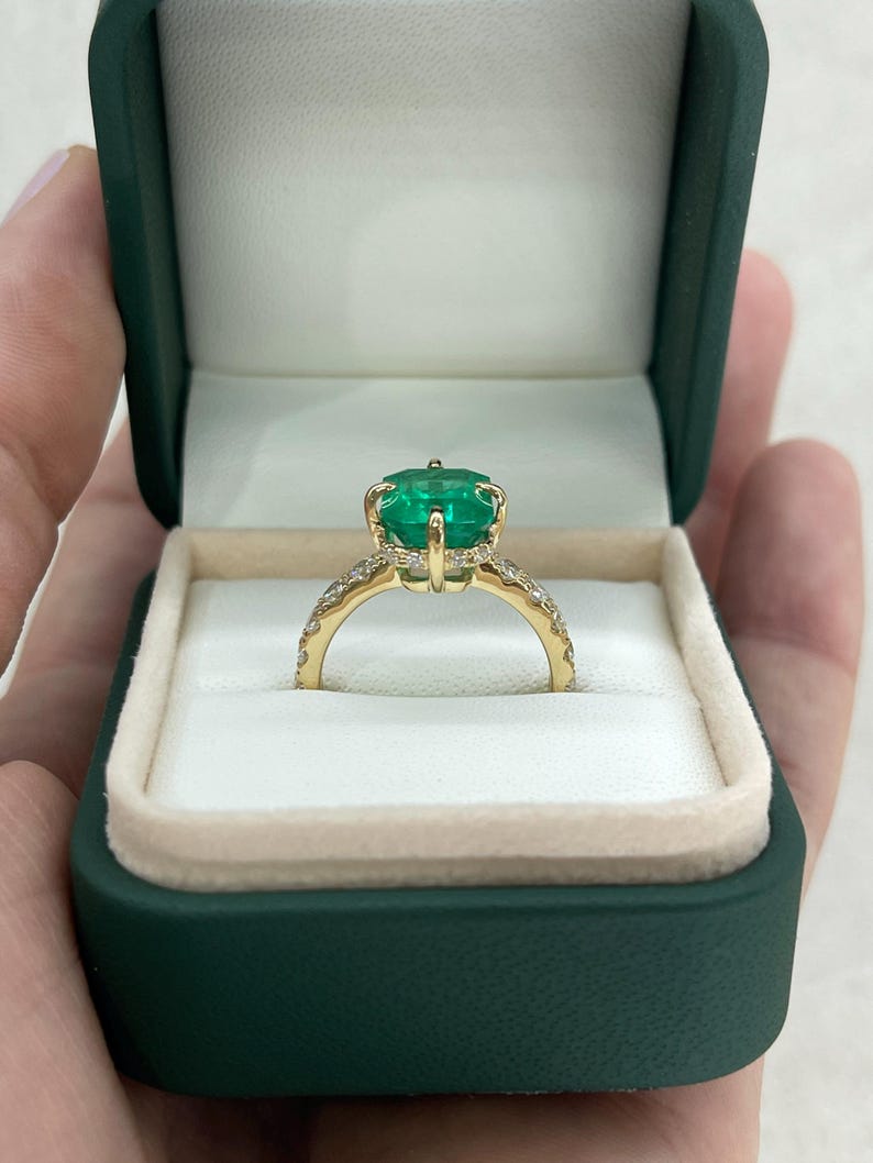 4.43TCW 18K AAA Emerald Cut Colombian Emerald Engagement Ring with Hidden Diamond Halo - JR Colombian Emeralds