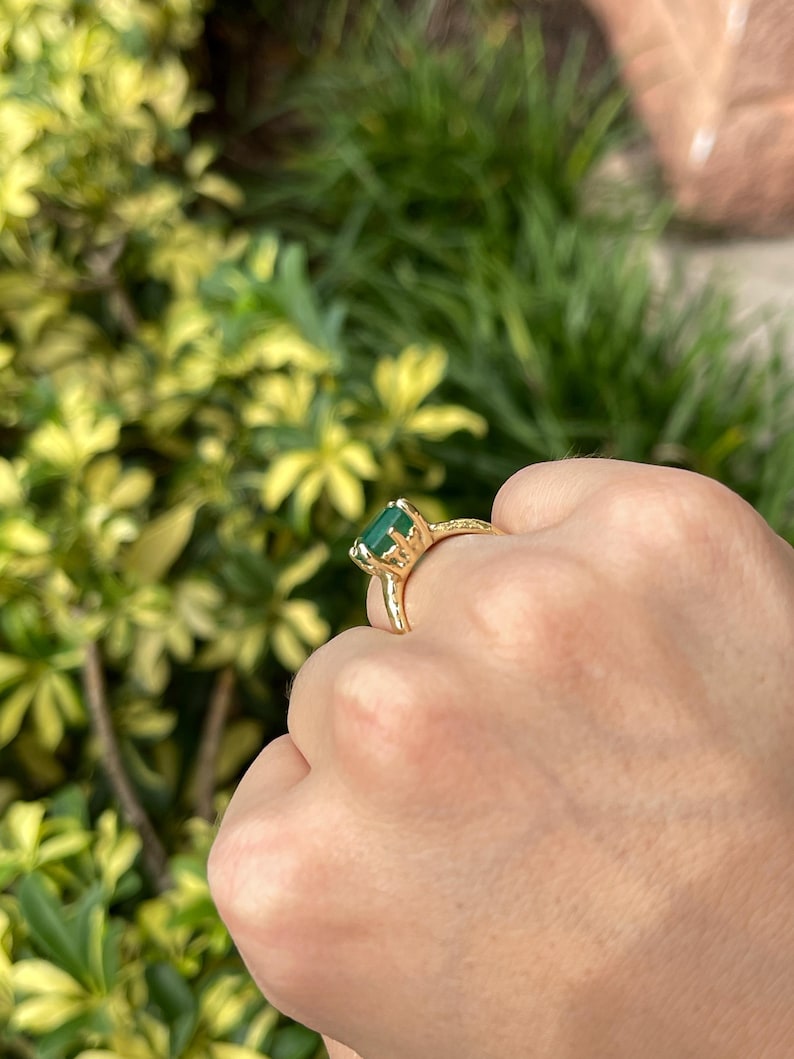4.48ct 14K Dark Green Asscher Cut Emerald Gold Nugget Organic Solitaire Ring - JR Colombian Emeralds