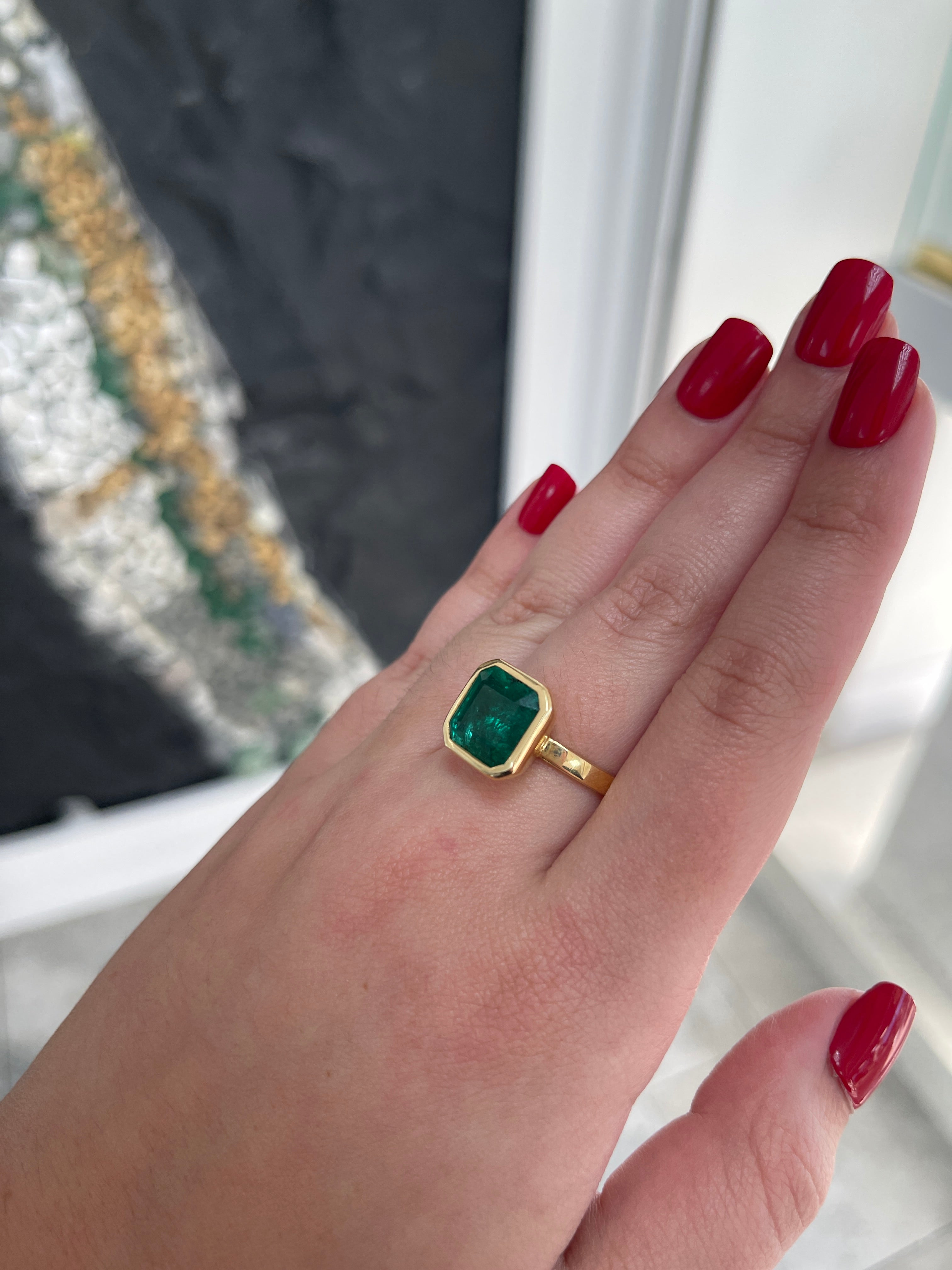 6.08ct 18K 750 Gold Dark Forest Green Large Asscher Cut Emerald Solitaire Engagement Ring - JR Colombian Emeralds