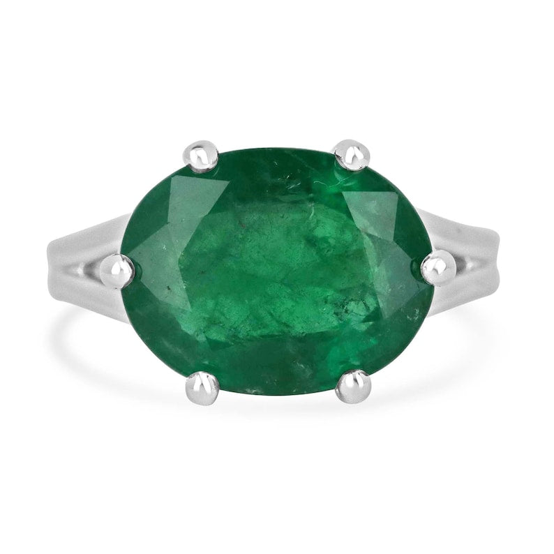 6.20-Carat 14K White Gold Emerald Ring with Oval Cut in East-West Design