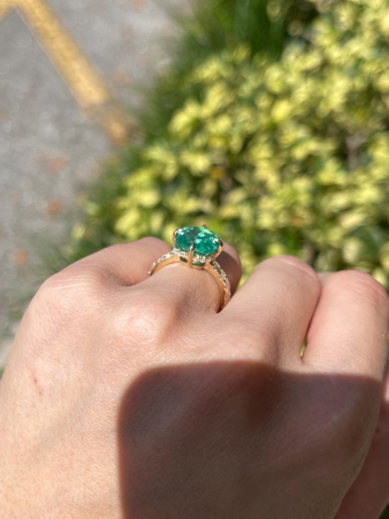 6.54tcw AAA Cushion Emerald Solitaire Engagement Ring with Diamond Accents 18K - JR Colombian Emeralds