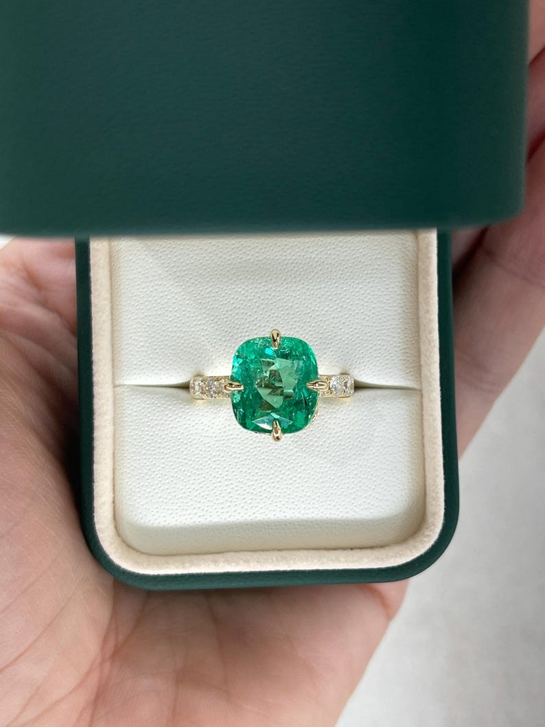 6.54tcw AAA Cushion Emerald Solitaire Engagement Ring with Diamond Accents 18K - JR Colombian Emeralds