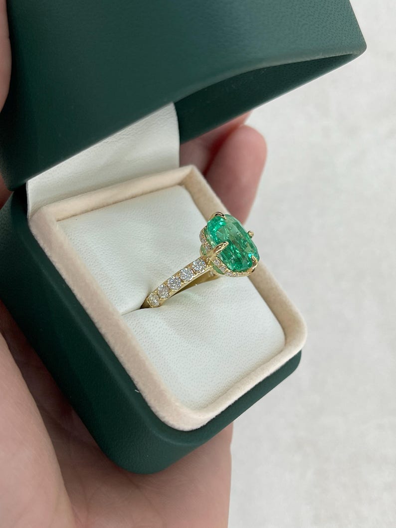 6.54tcw AAA Cushion Emerald Solitaire Engagement Ring with Diamond Accents 18K - JR Colombian Emeralds