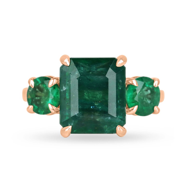 14K Rose Gold Three Stone Engagement Ring with 6.98tcw Emeralds