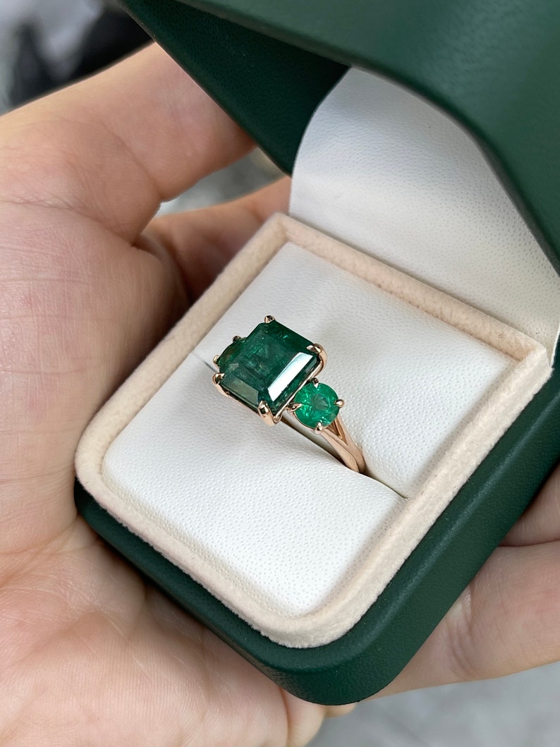 6.98tcw Dark Green Emerald Cut & Round Trilogy Three Stone Engagement ring 14K Rose - JR Colombian Emeralds