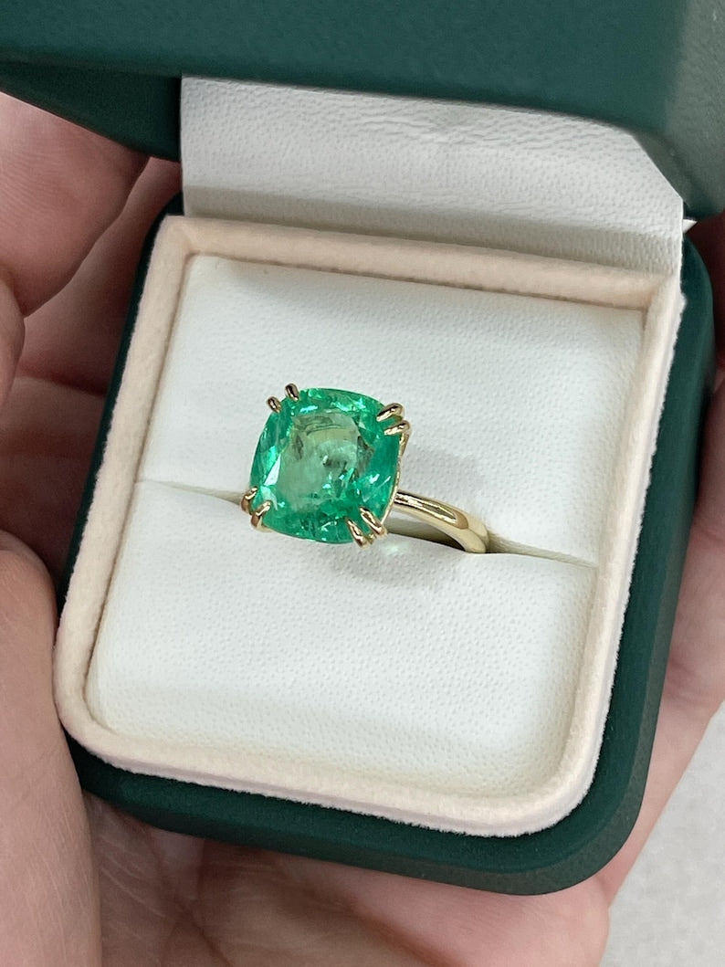 7.14ct 14K Big Cushion Colombian Emerald Double Prong Solitaire Anniversary Ring - JR Colombian Emeralds