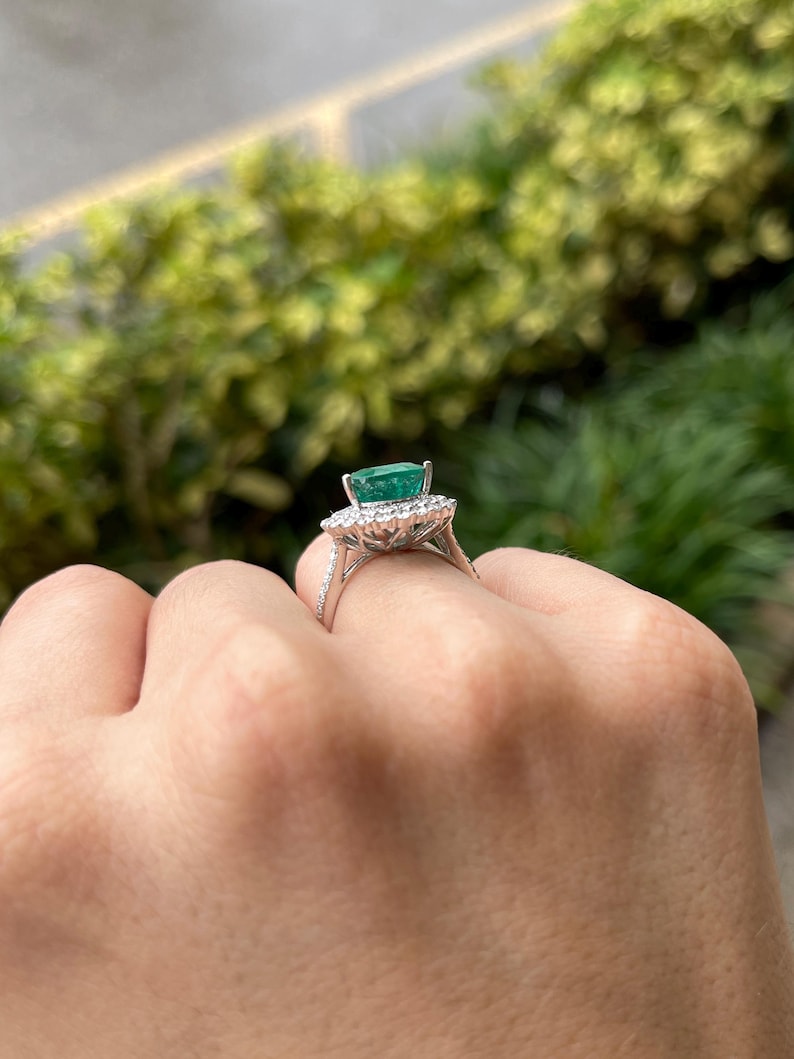 8.70tcw Pear Cut Emerald & Double Diamond Halo Engagement Ring in 18K Gold - JR Colombian Emeralds