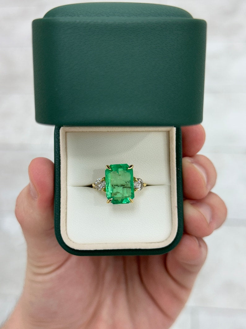 8.92tcw 18K Transparent Vivid Medium Green Emerald Cut Diamond 3 Stone Ring - JR Colombian Emeralds