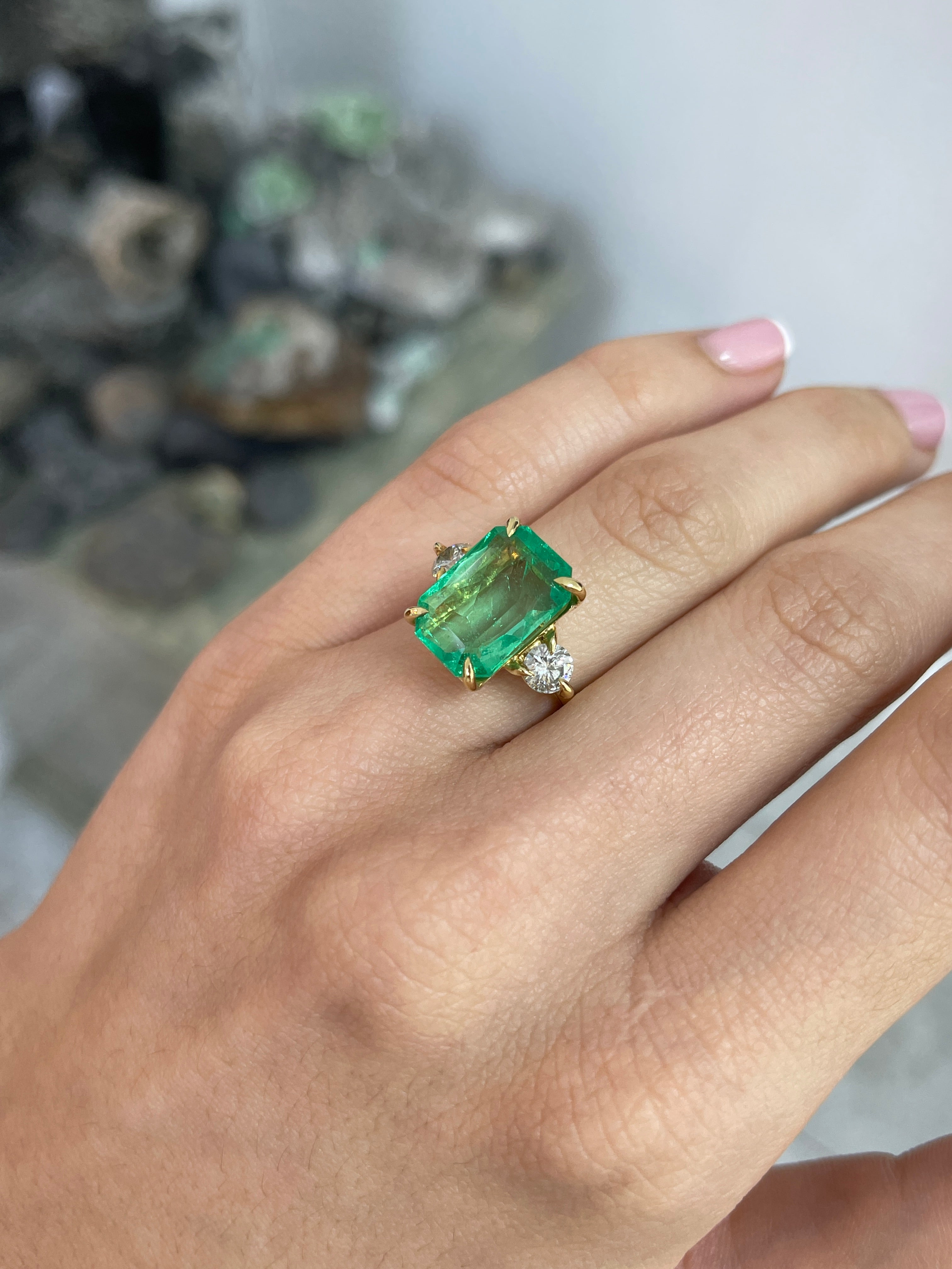8.92tcw 18K Transparent Vivid Medium Green Emerald Cut Diamond 3 Stone Ring - JR Colombian Emeralds